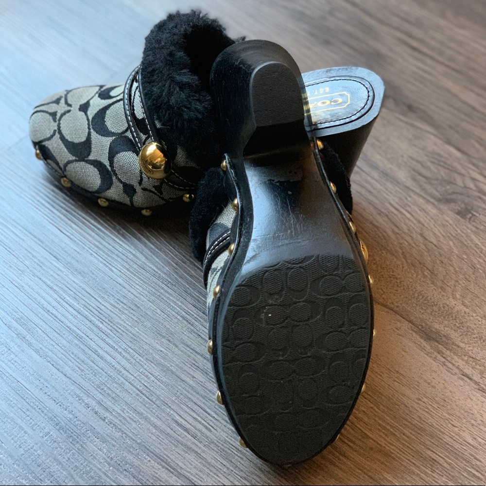 Coach Black & Grey Logo Ivanka Faux Fur Clogs - Picture 7 of 8